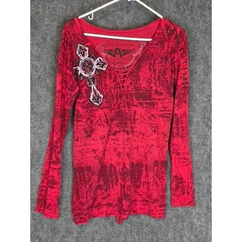 Affliction Women's Red‎ Graphic Cross Wings Long Sleeve Shirt Y2K XS Streetwear